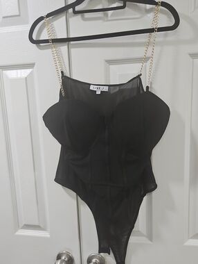 love J Black Sheer Bustier Bodysuit with Gold Chain Straps